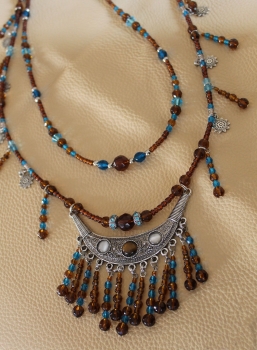 Beaded Breastcollar turquoise-brown-silver 1.15m