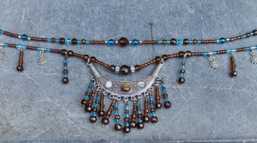 Beaded Breastcollar turquoise-brown-silver 1.15m