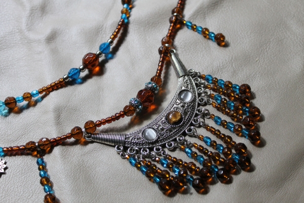 Beaded Breastcollar turquoise-brown-silver 1.15m