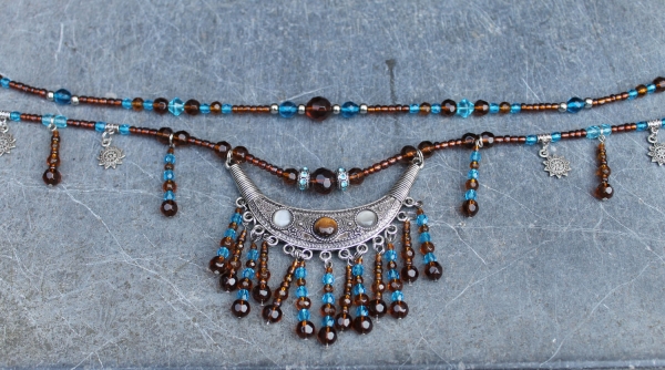Beaded Breastcollar turquoise-brown-silver 1.15m